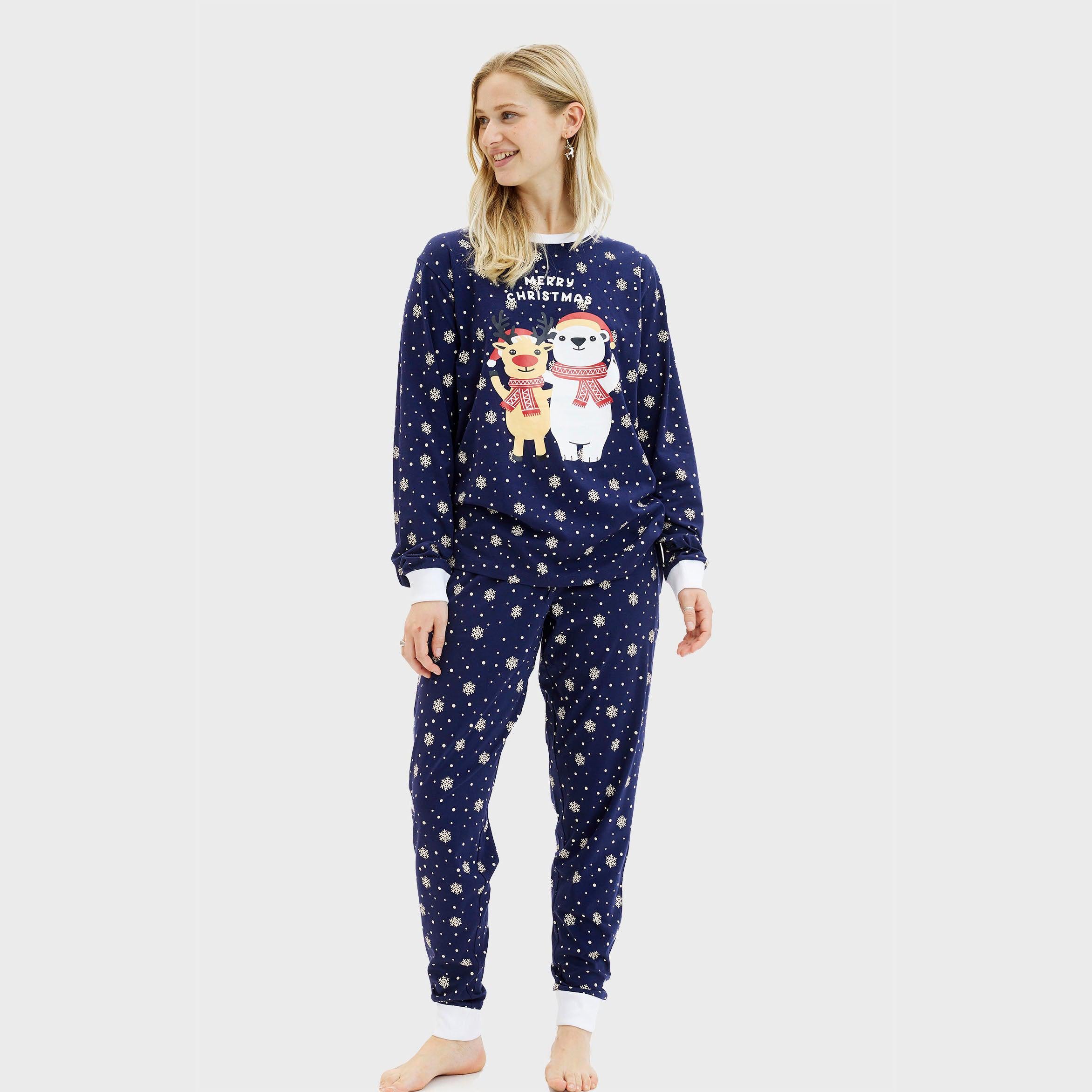 Dunkelblaue Damen-Weihnachtspyjama mit Pinguin- und Rentiermotiv, Sterneprint, weihnachtspullover damen.